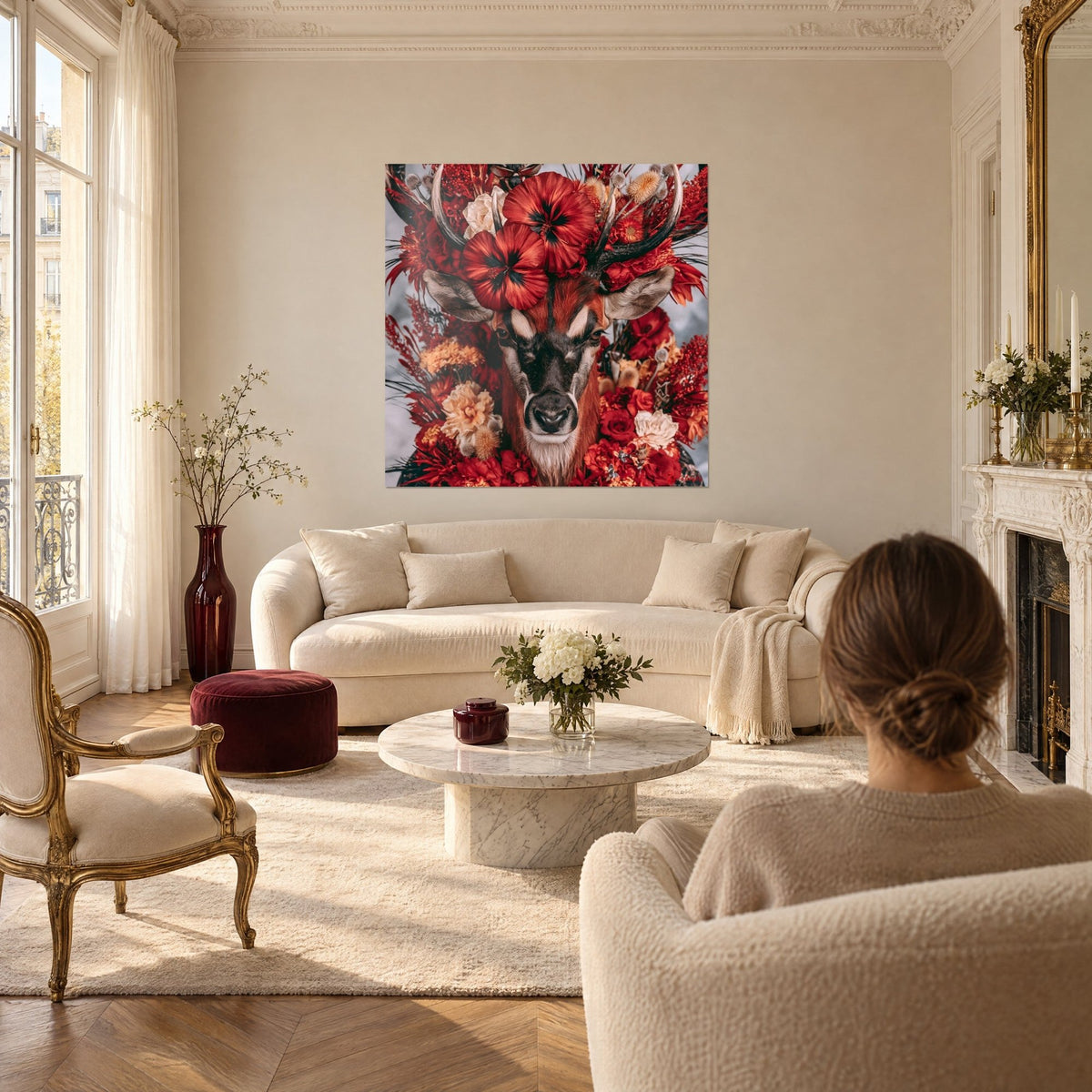 Wall art red deer crowned with scarlet flowers and dark antlers, seen from behind above a sofa in a bright living room