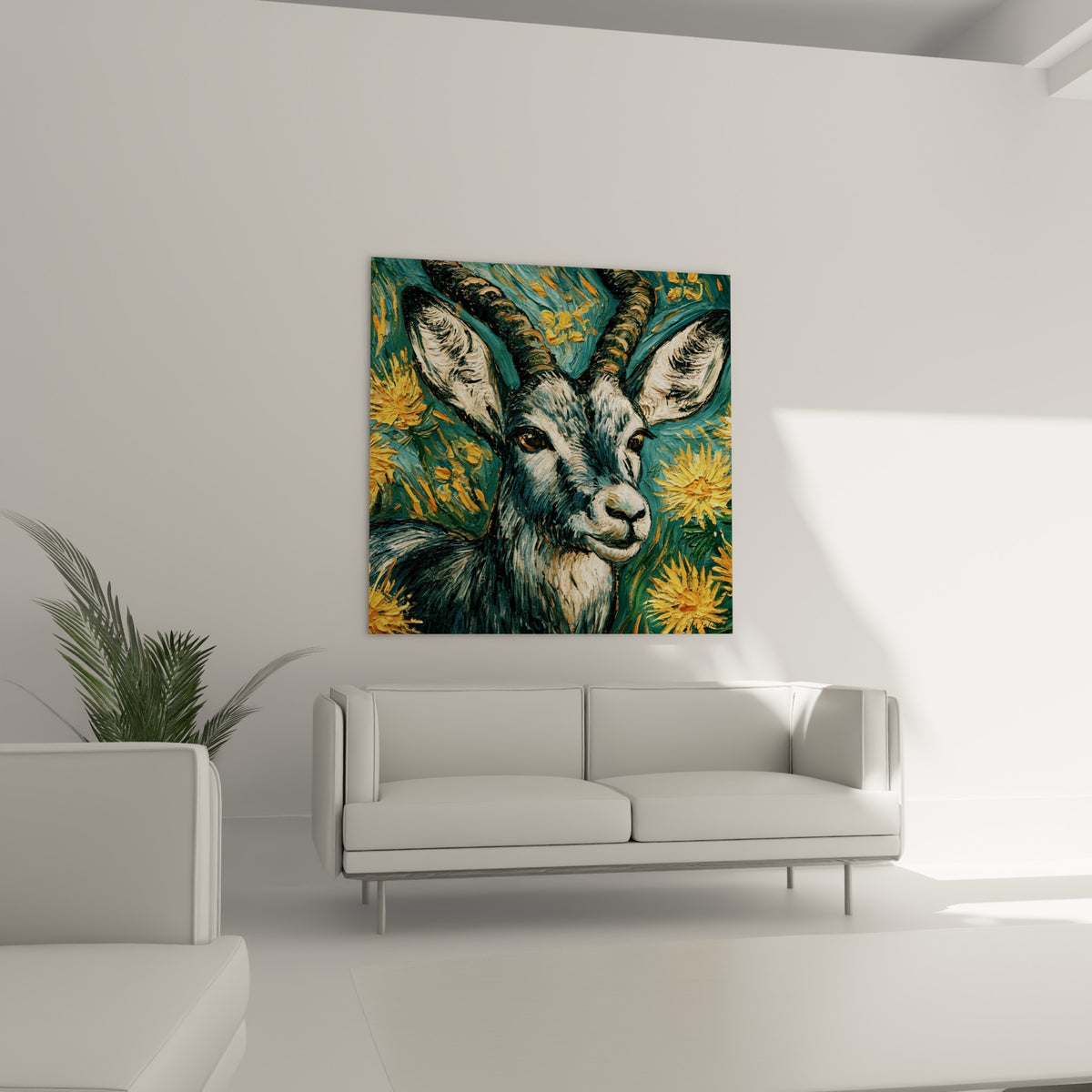 Regard ambré du bouquetin sur fond bleu-vert et fleurs dorées, au-dessus d'un canapé dans un salon lumineux