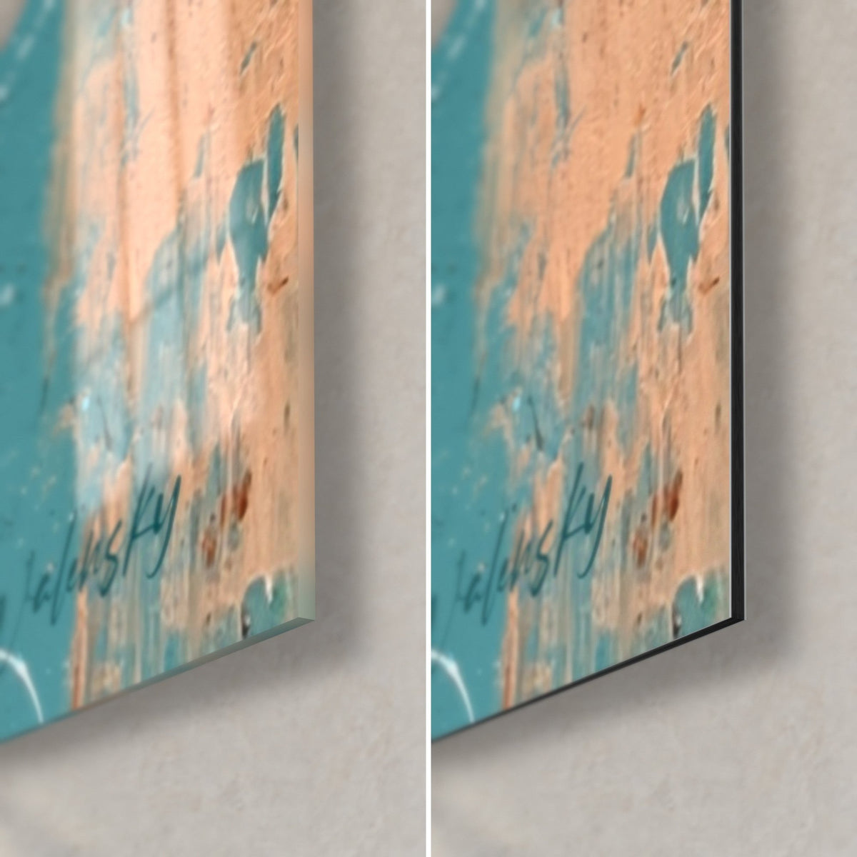 Wall art turquoise ibex, bottom right corner: glossy glass on the left, matte Dibond aluminium on the right, blue Walensky signature