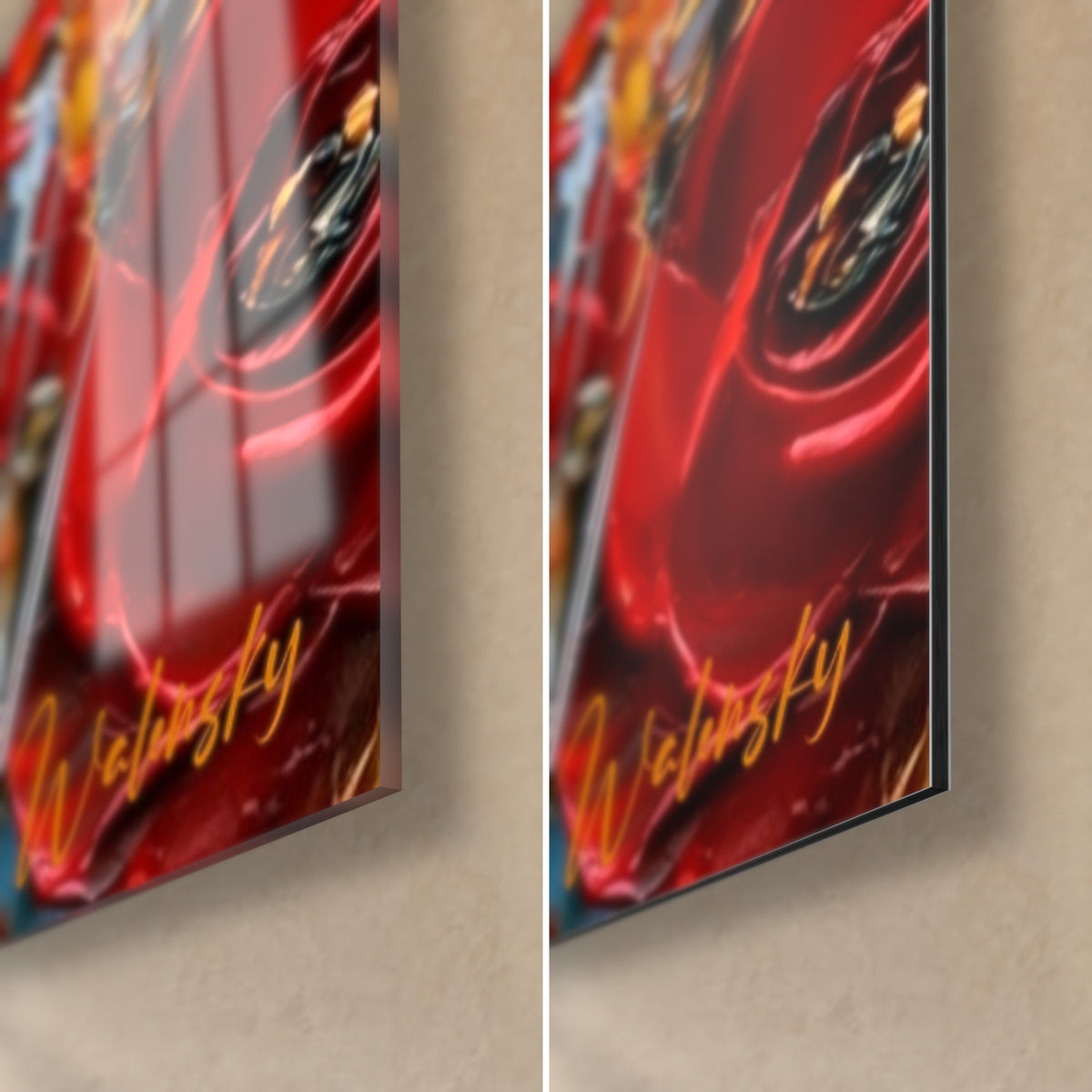 Tableau gazelle aux yeux sombres, coin bas droit : verre acrylique brillant reflétant le rouge, alu Dibond mat et tranche fine