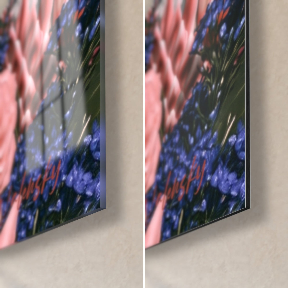 Wall art cobalt blue and salmon pink flowers, bottom right corner in glossy acrylic glass and matte Dibond aluminium, 3 mm edge