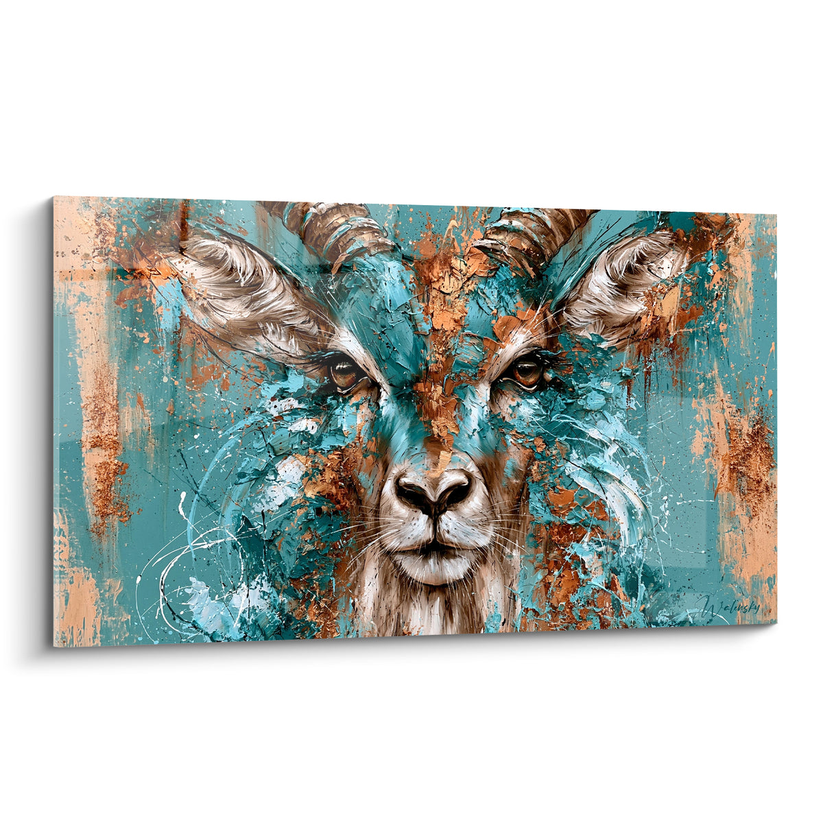 Wall art ibex painted in turquoise and copper, fixed gaze, ridged horns on a shattered mineral background