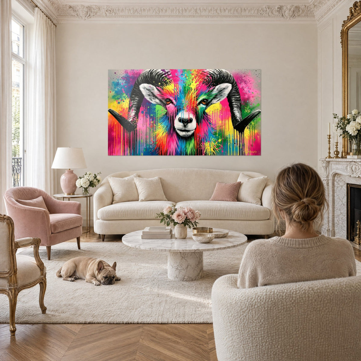 Tableau bouquetin aux cornes noires striées, museau blanc et crinière rose, bleu et vert, avec un bulldog, au-dessus d'un canapé dans un salon lumineux