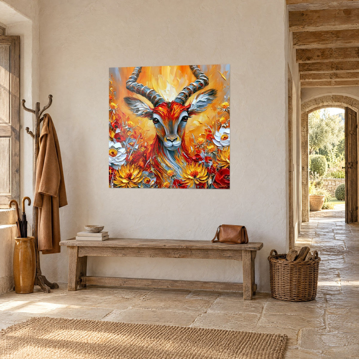 Tableau bouquetin à la crinière orange flamboyante sur fond ocre, fleurs blanches en bas, entrée d'une maison en pierre