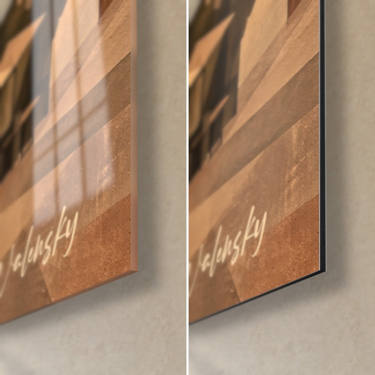 Wall art half-timbered house, lower right corner in shiny glass reflecting the light and matte brown Dibond, 3 mm thick