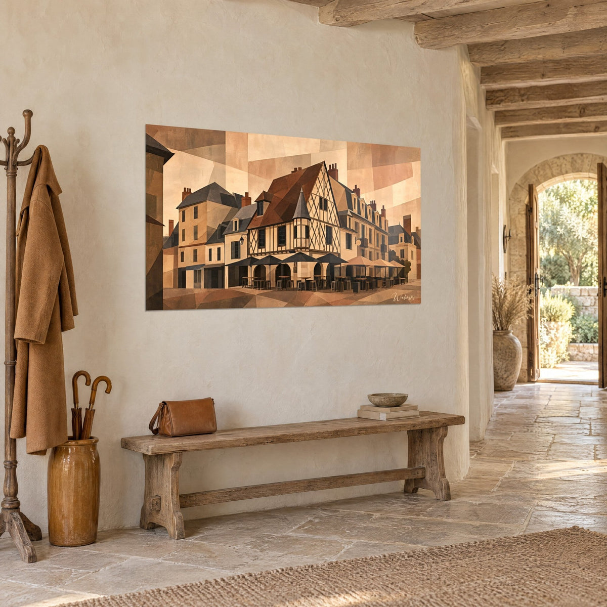 Wall art medieval facade in ochre and russet brown, pointed turret and sky of beige facets, hung near a stone arch