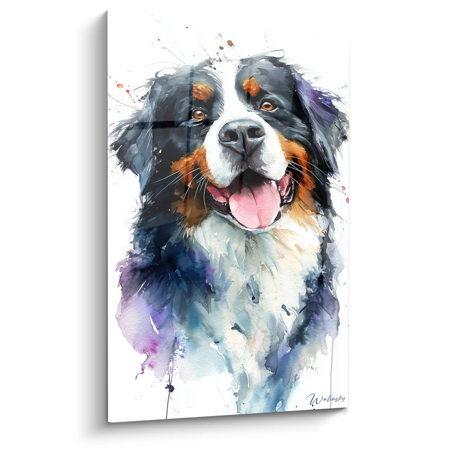 Tableau Chien Tricolore Langue Tirée Aquarelle - Joie Éclatante - Edition Bouvier Bernois