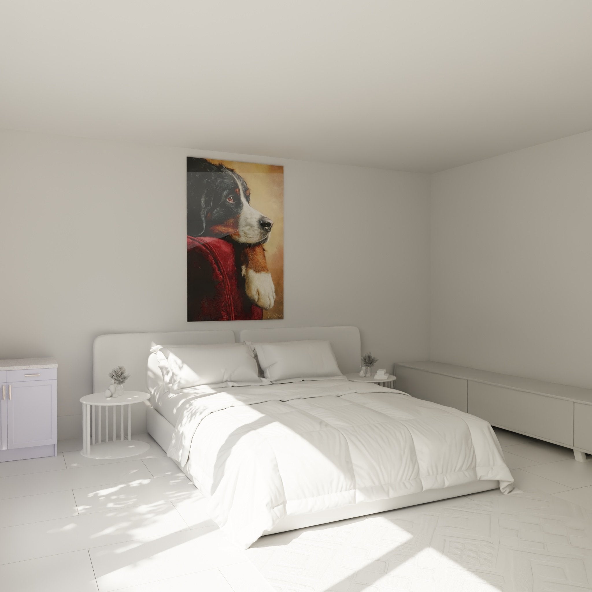 Tableau Bouvier Bernois contemplatif en veste rouge dans une chambre aux tons chauds et mobilier en bois naturel