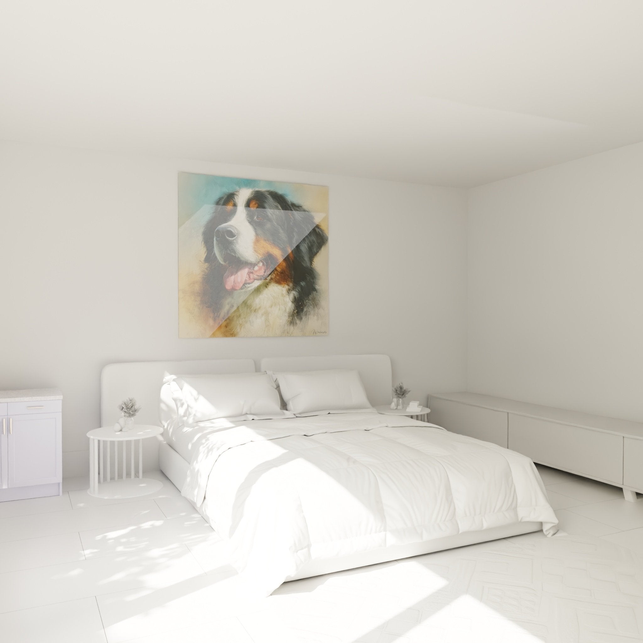 Tableau Bouvier Bernois portrait chien dans chambre décoration murale ambiance chaleureuse tons dorés