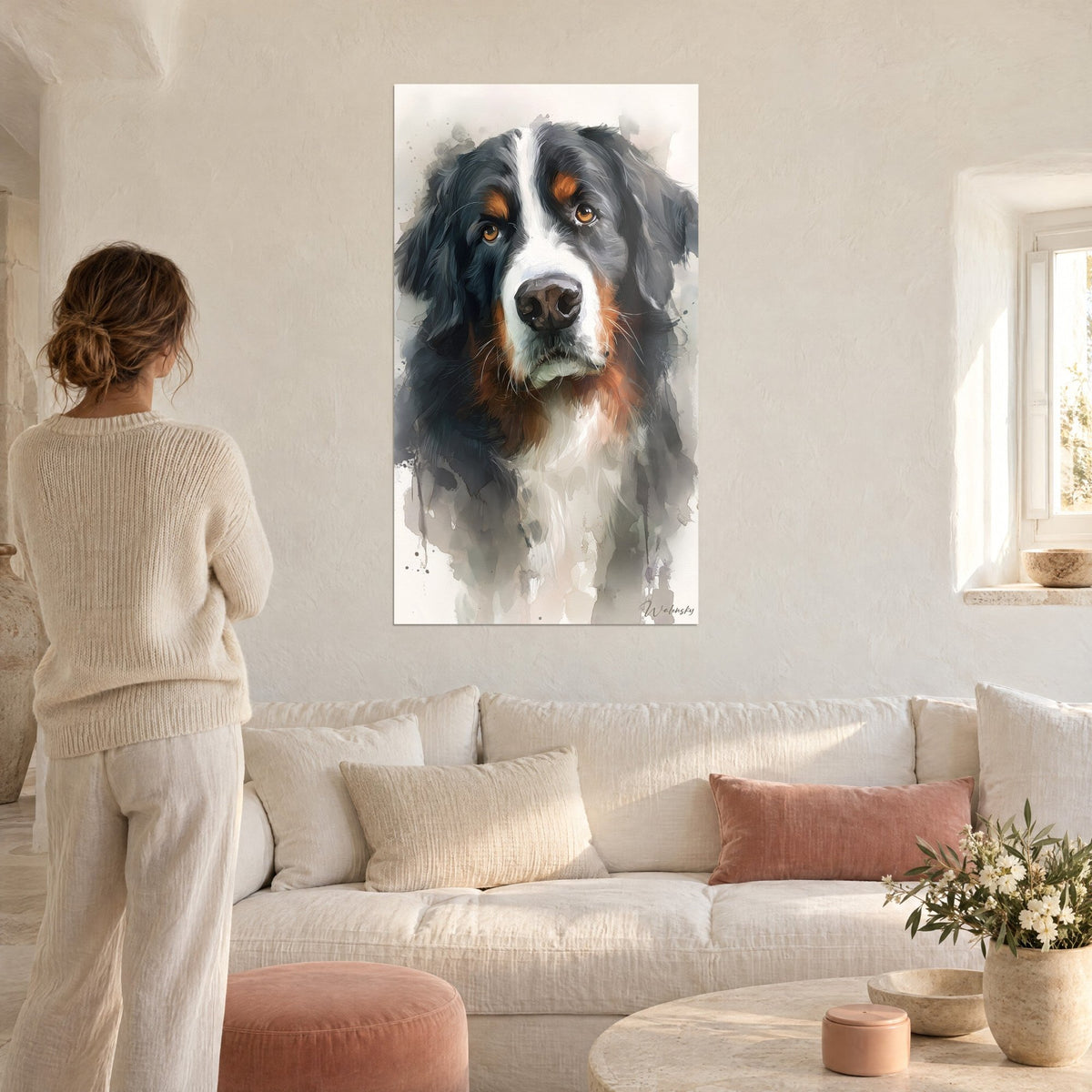 Gemälde Berner Sennenhund in Schwarz-Weiß mit bernsteinfarbenen Augen, Aquarell in Fahlbraun und Grau, Frau von hinten, über einem Sofa in einem hellen Wohnzimmer