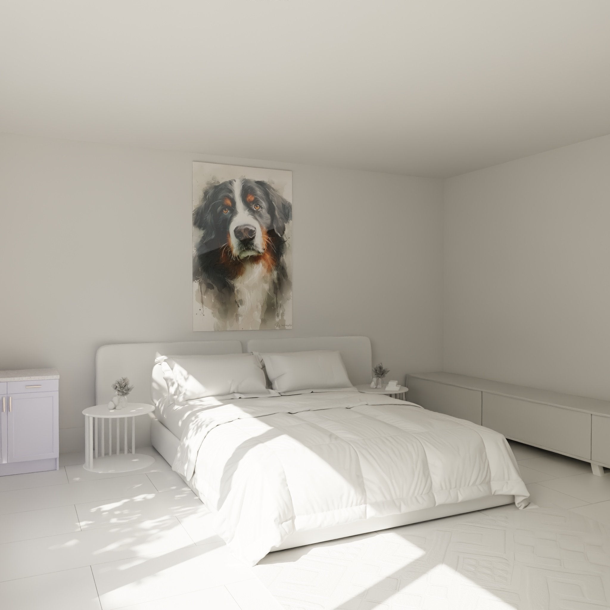 Tableau portrait Bouvier Bernois dans chambre moderne murs beiges decoration murale chien montagne