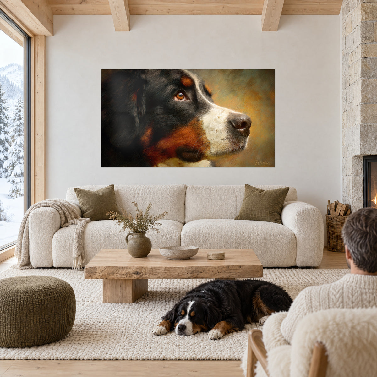 Πίνακας προφίλ Bernese Mountain Dog, κρεμώδες μουσούδι και κοκκινωπό στήθος σε οχροειδές φόντο, πάνω από καναπέ σε φωτεινό σαλόνι