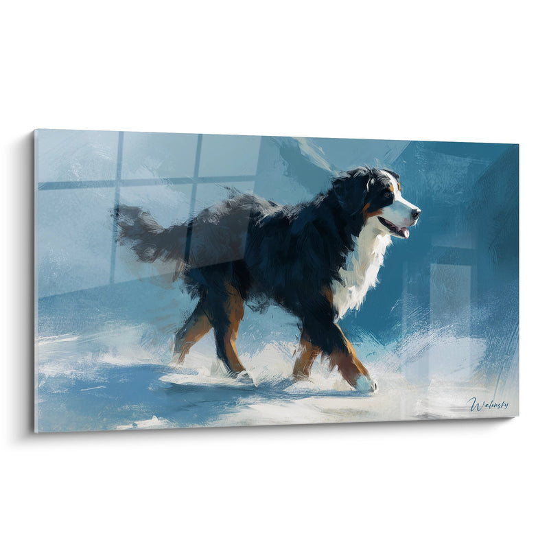 Bernese Mountain Dog in Motion in Blue Tones Wall Art - Canine Elegance - Bernese Mountain Dog Edition