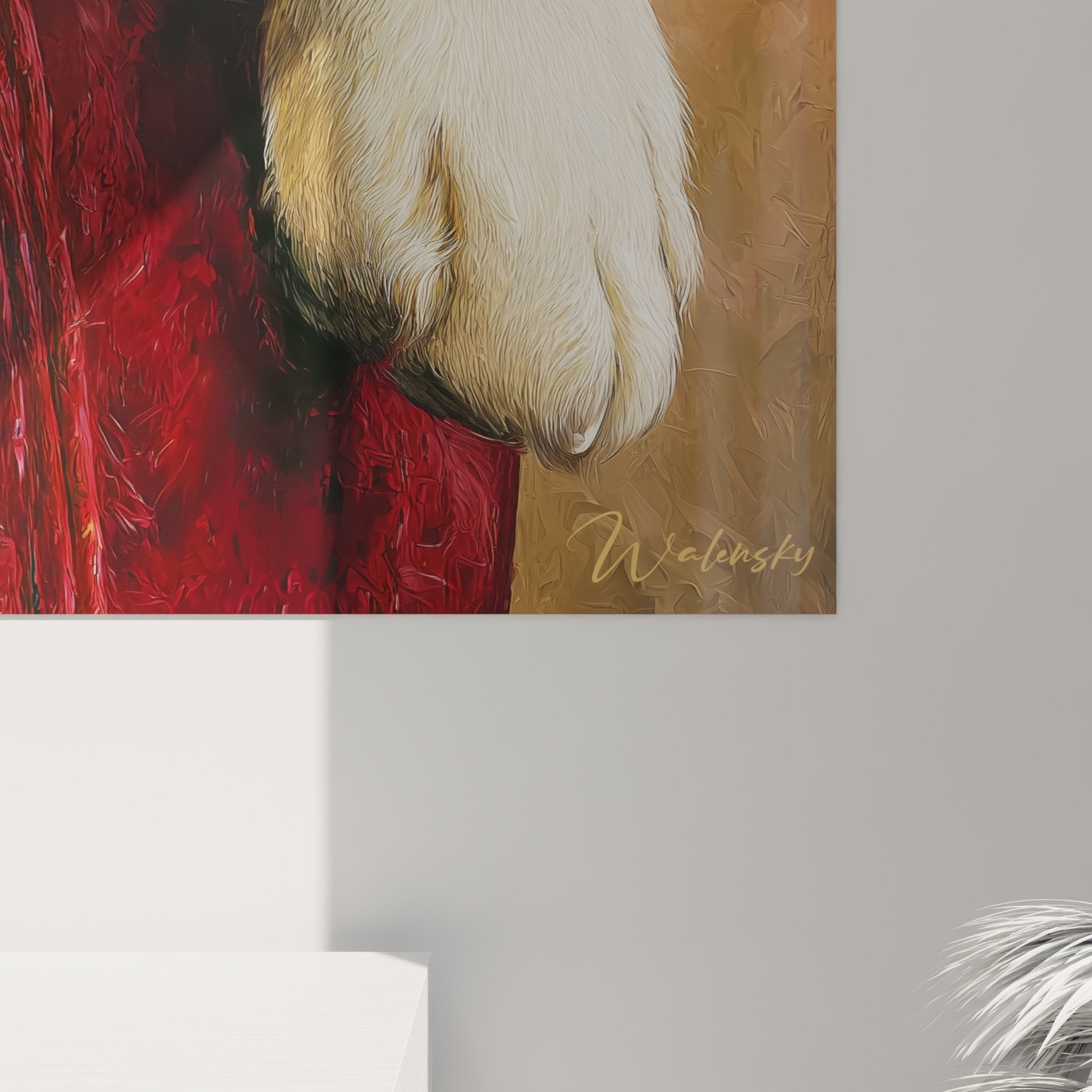 Overview of the noble Bernese Mountain Dog portrait in red jacket on light wall in elegant contemporary interior