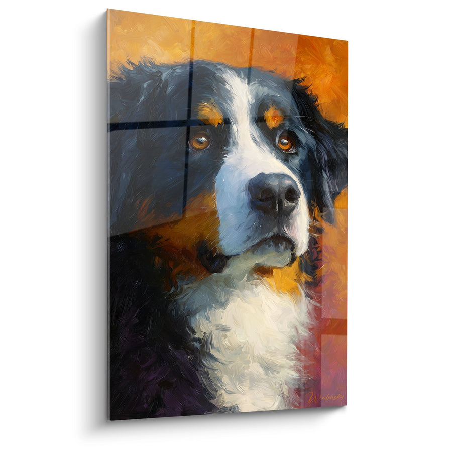 Tableau Bouvier Bernois Noir et Blanc aux Tons Orangés - Portrait Canin Expressif - Edition Bouvier Bernois