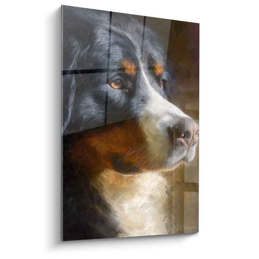 Tableau Portrait de Chien aux Yeux Ambrés derrière Barreaux - Mélancolie Captive - Edition Bouvier Bernois