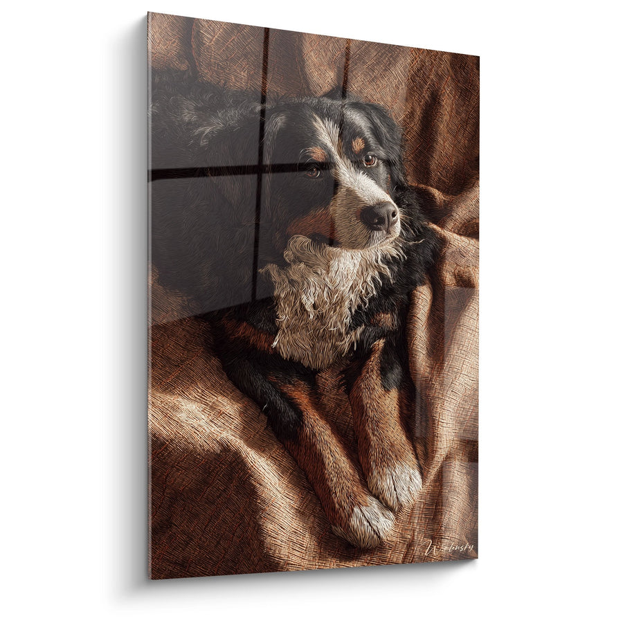 Tableau Chien Tricolore Allongé sur Couverture Beige - Repos Chaleureux - Edition Bouvier Bernois