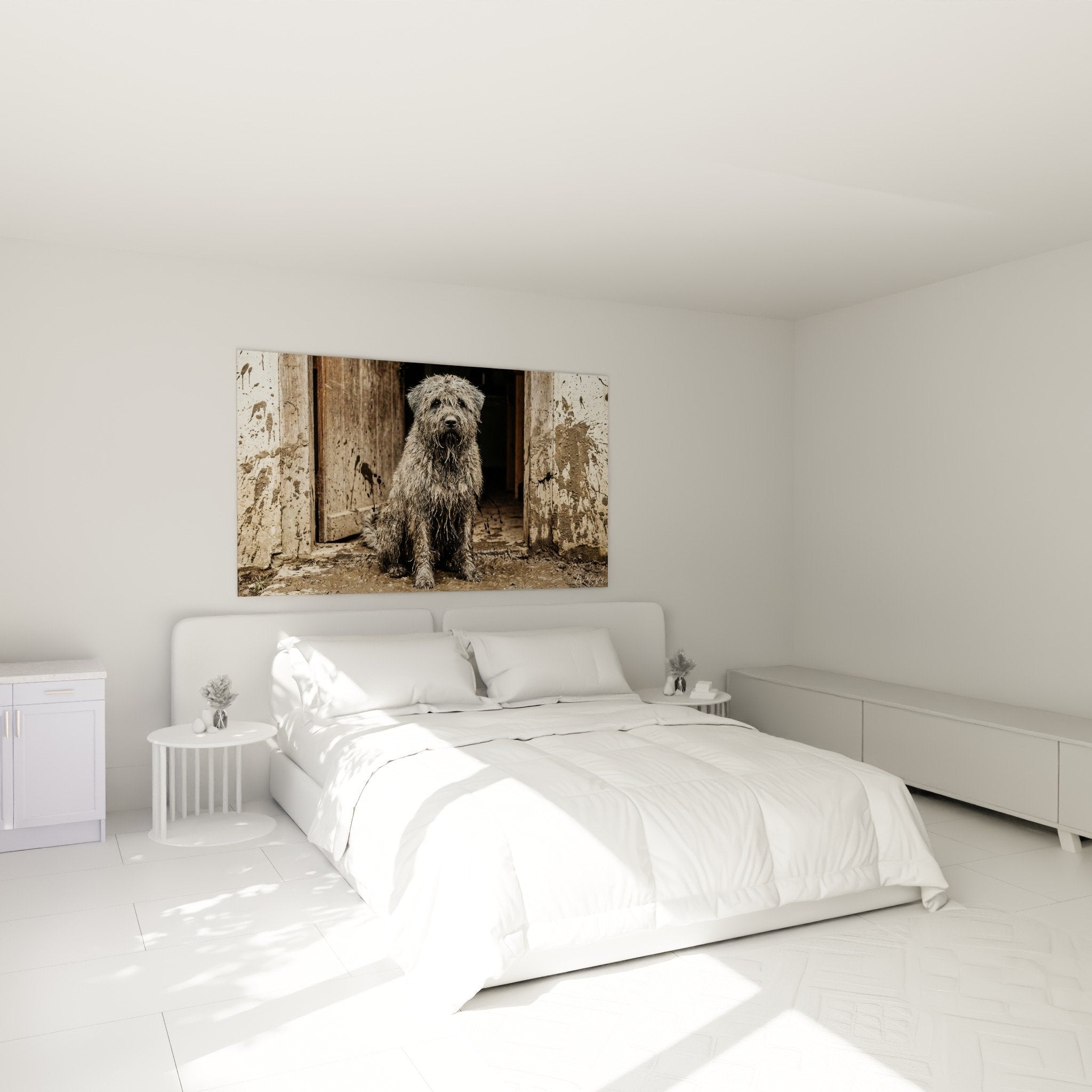 Quadro Bovaro delle Fiandre in camera moderna, tonalità beige e terra, decorazione murale elegante