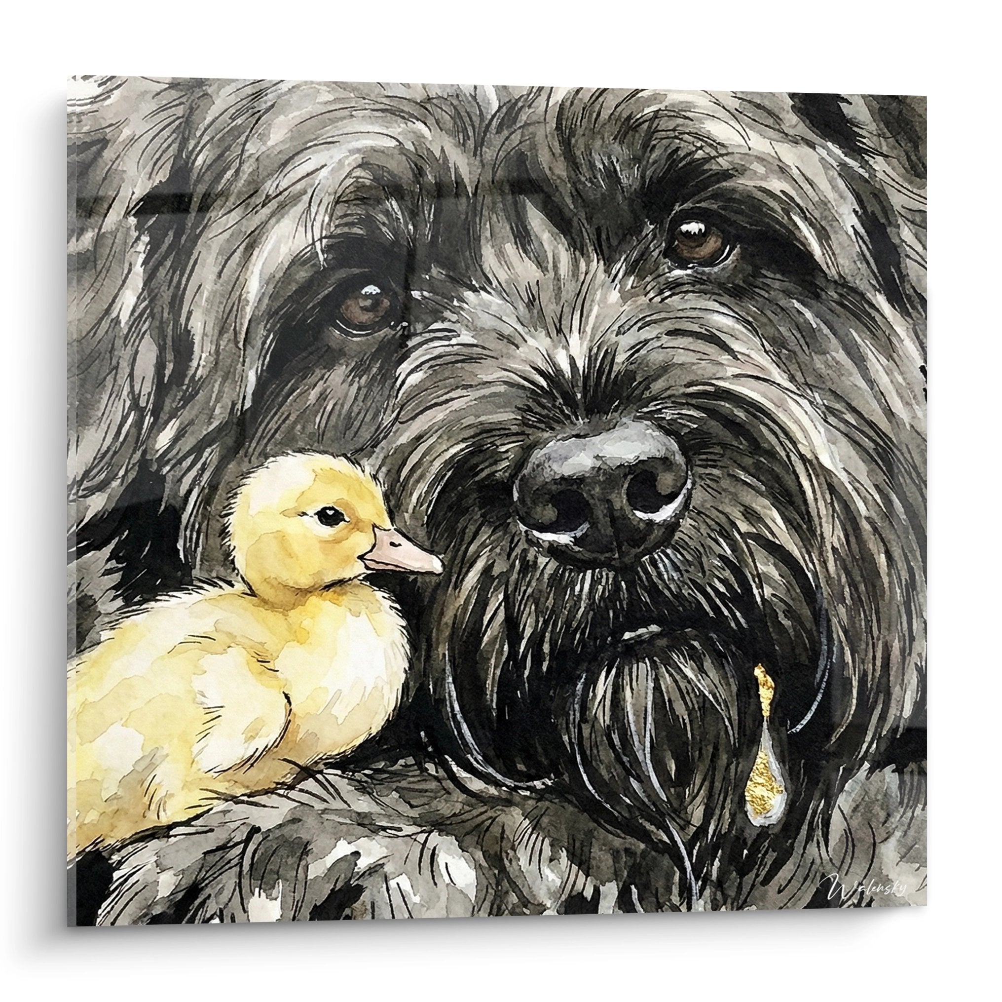 Tableau artistique Bouvier des Flandres gris protégeant tendrement un petit caneton jaune sur fond neutre