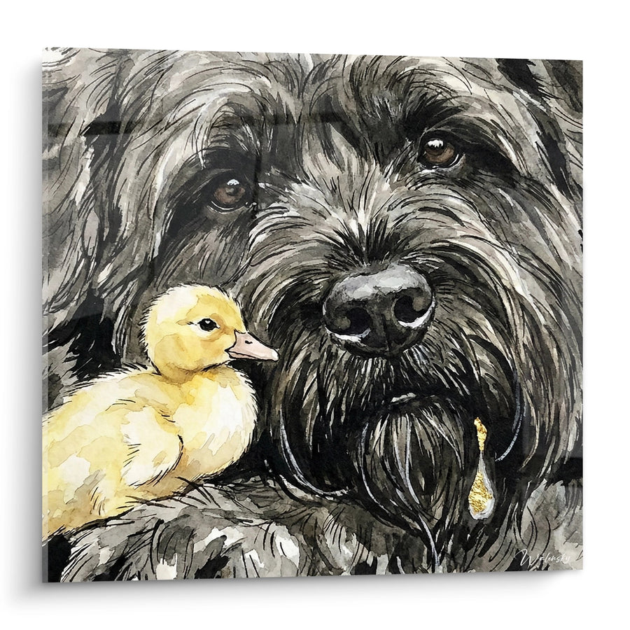Tableau Chien Gris et Caneton Jaune - Tendresse Protectrice - Edition Bouvier des Flandres