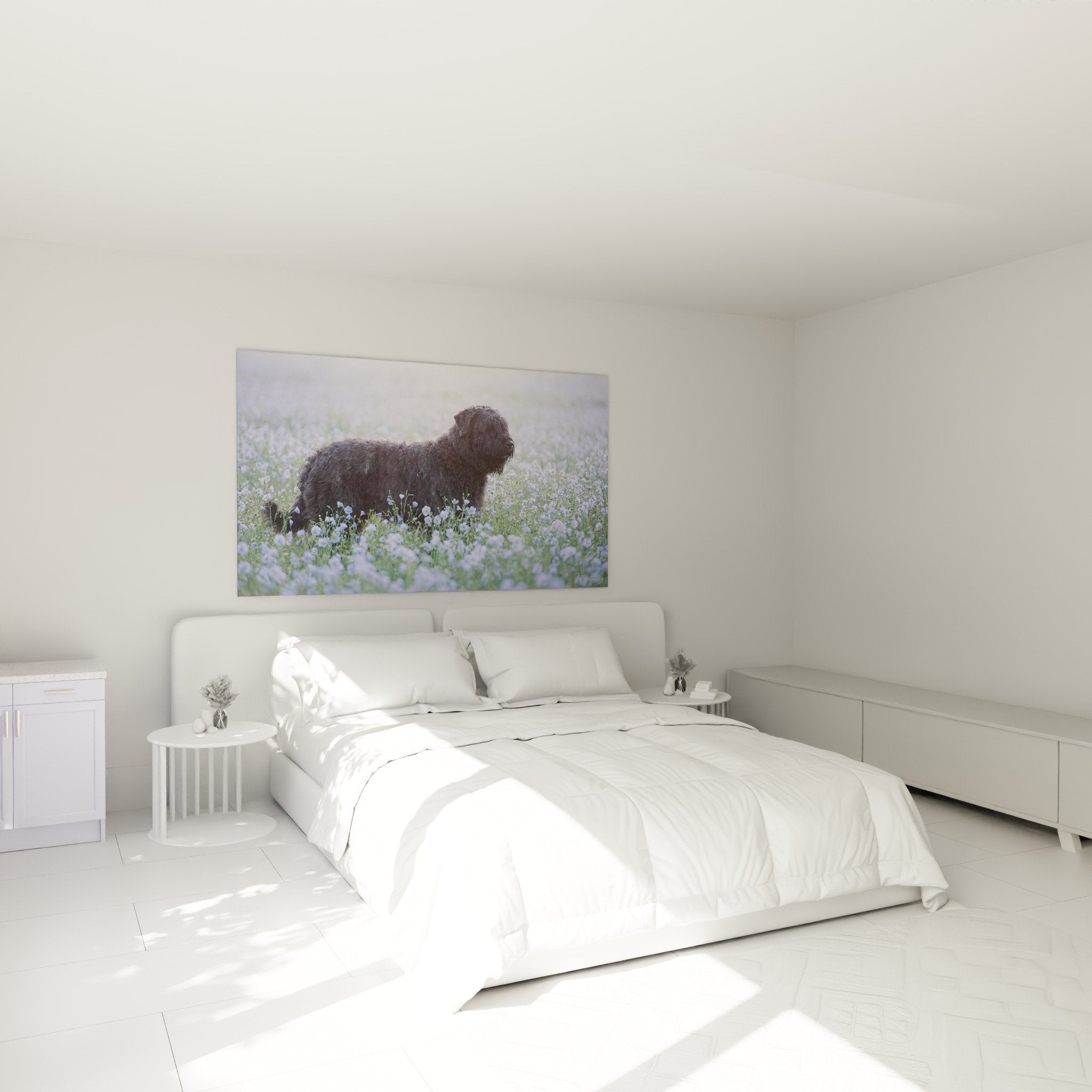 Quadro Bovaro delle Fiandre tonalità pastello blu lavanda che decora una camera moderna con pareti chiare