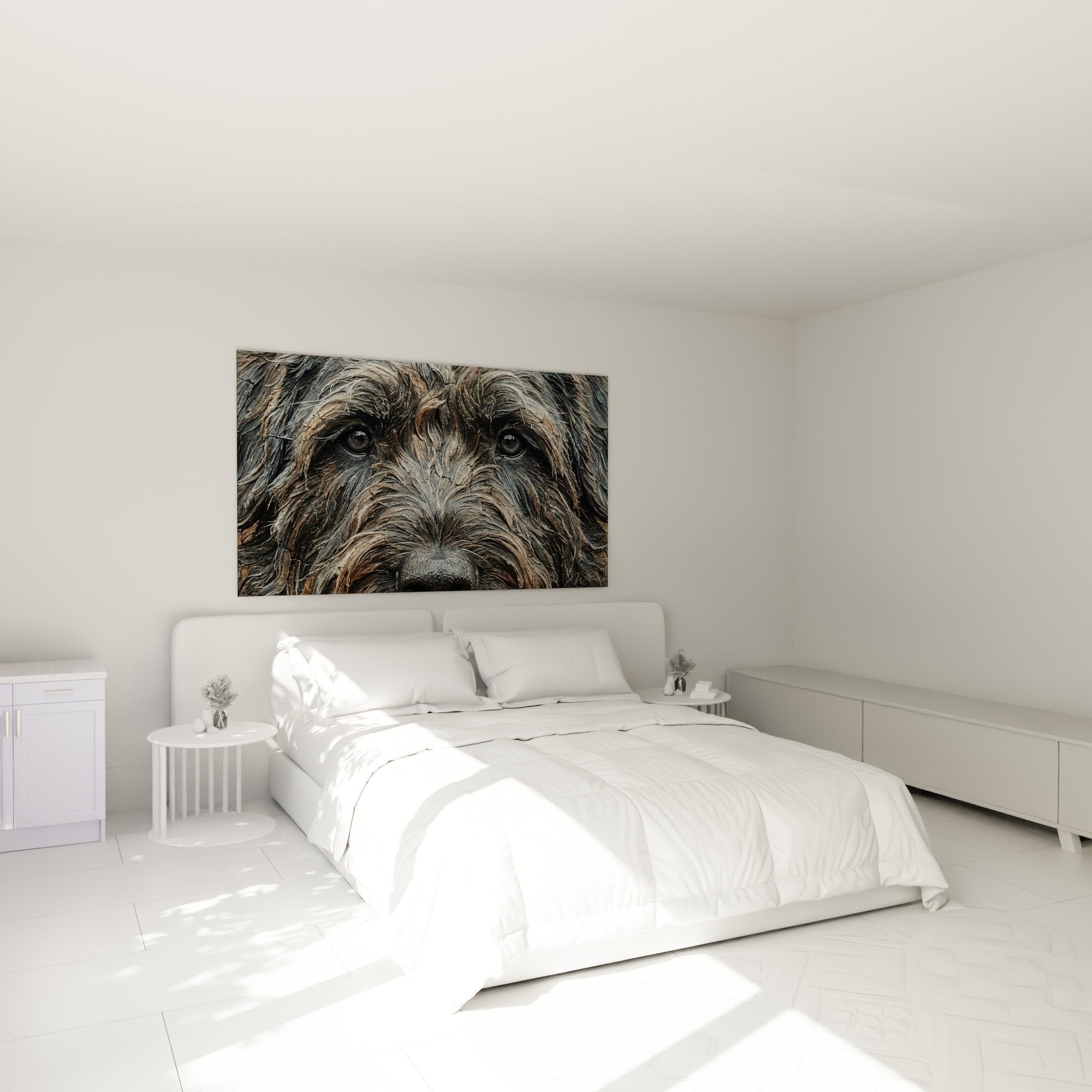 Quadro Bovaro delle Fiandre installato sopra il letto in camera dai toni neutri e caldi