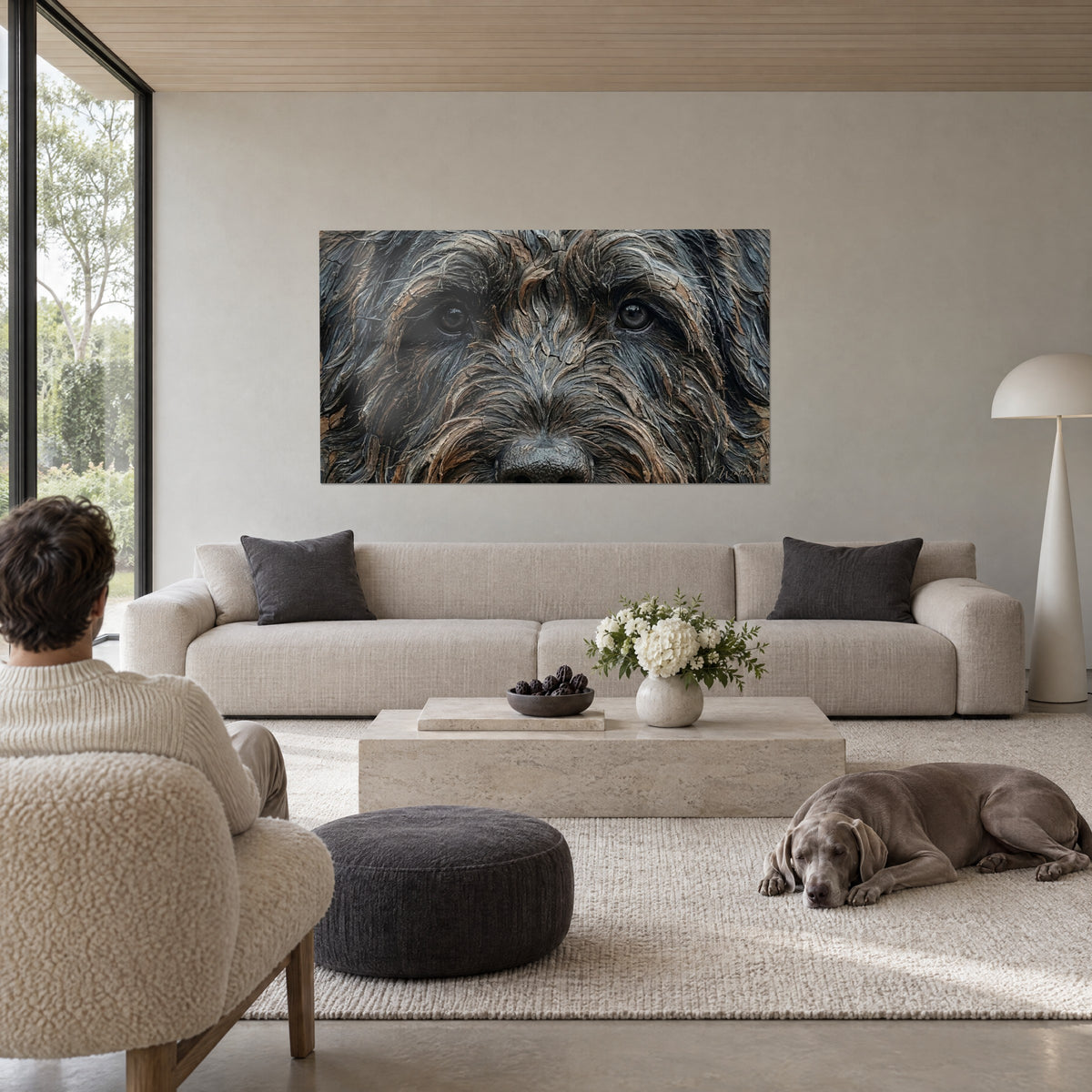 Gemälde eines zottigen Hundekopfes mit braunem und grauem Fell, dunklen Augen, cremefarbener Wand, liegender Weimaraner über einem Sofa in einem hellen Wohnzimmer