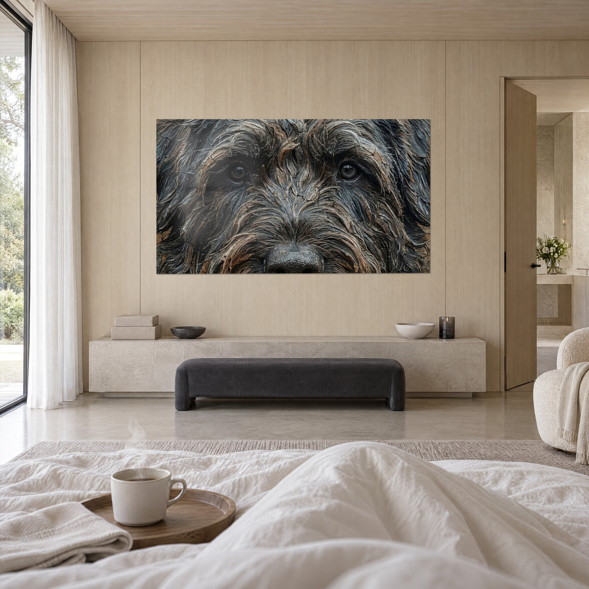 Gemälde von Schnauze und Blick eines langhaarigen Hundes in Kohlegrau und Kastanienbraun, helle Holzwand, schwarze Bank, über einem Bett in einem hellen Schlafzimmer