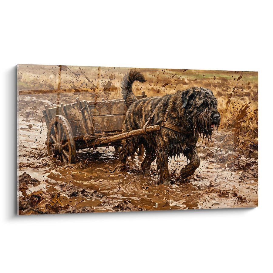 Tableau Chien Boueux Tirant une Charrette - Labeur Champêtre - Edition Bouvier des Flandres