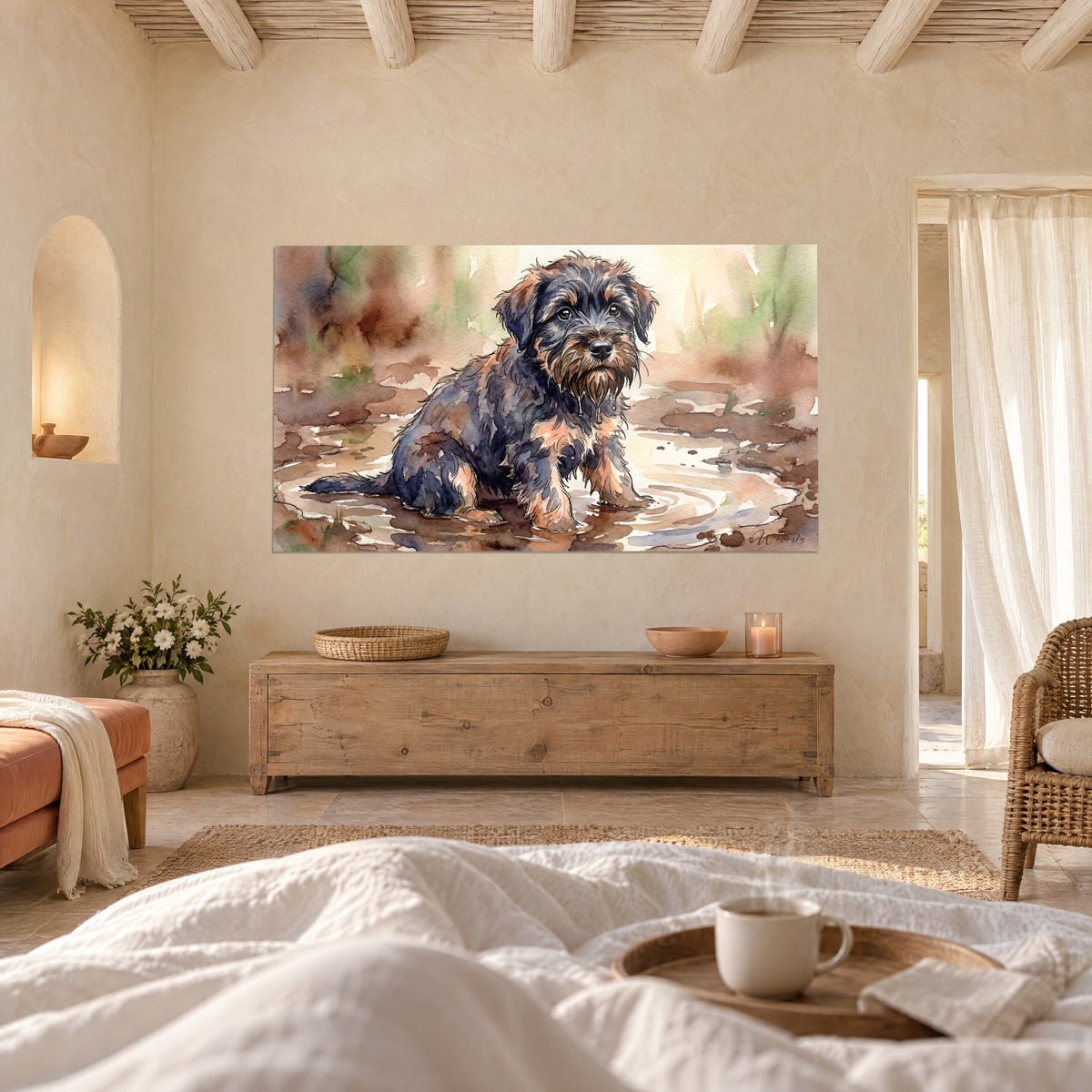 Gemälde Babybouvier aus Flandern, tropfende bärtige Schnauze, in Braun und Schieferblau, über einem Bett in einem hellen Schlafzimmer