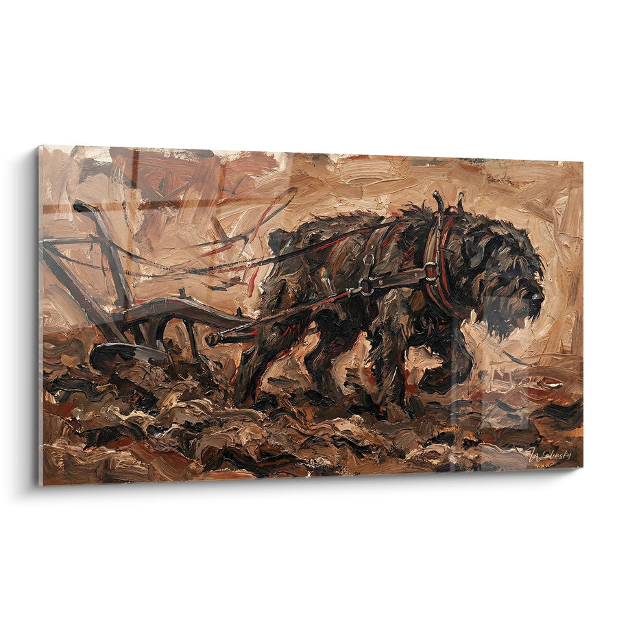 Tableau Chien de Trait aux Harnais dans la Terre Labourée - Force Rustique - Edition Bouvier des Flandres