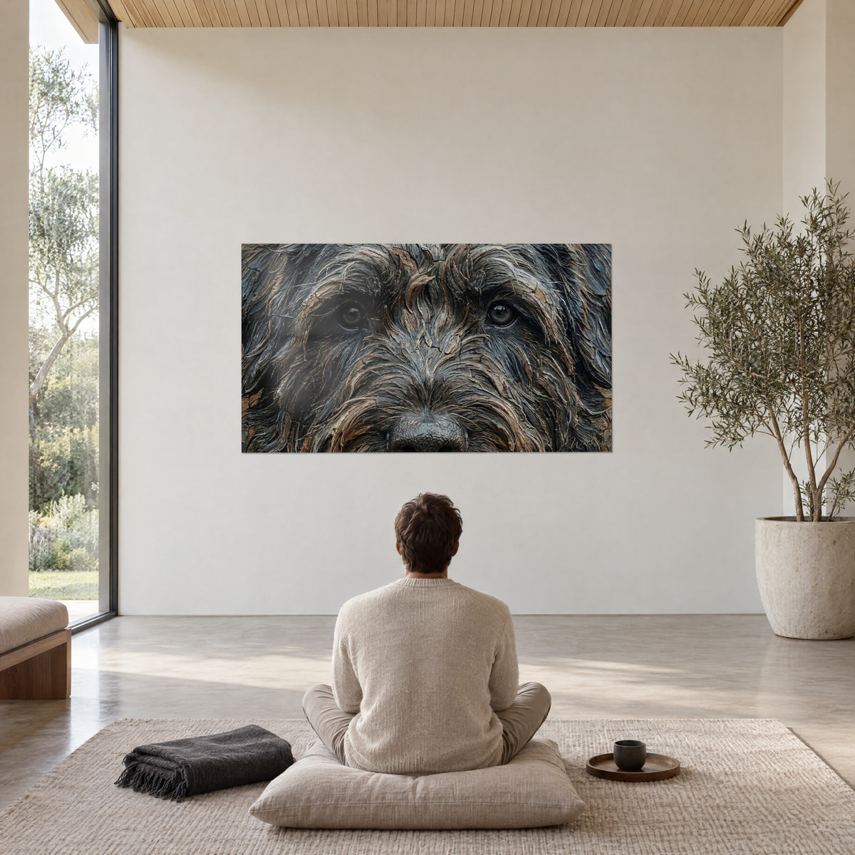 Gemälde eines Hundes mit verwuscheltem grau-schwarzem und haselnussfarbenem Bart, intensiver Blick, weiße Wand, Olivenbaum im Topf, Mann von hinten auf einem Kissen meditierend sitzend