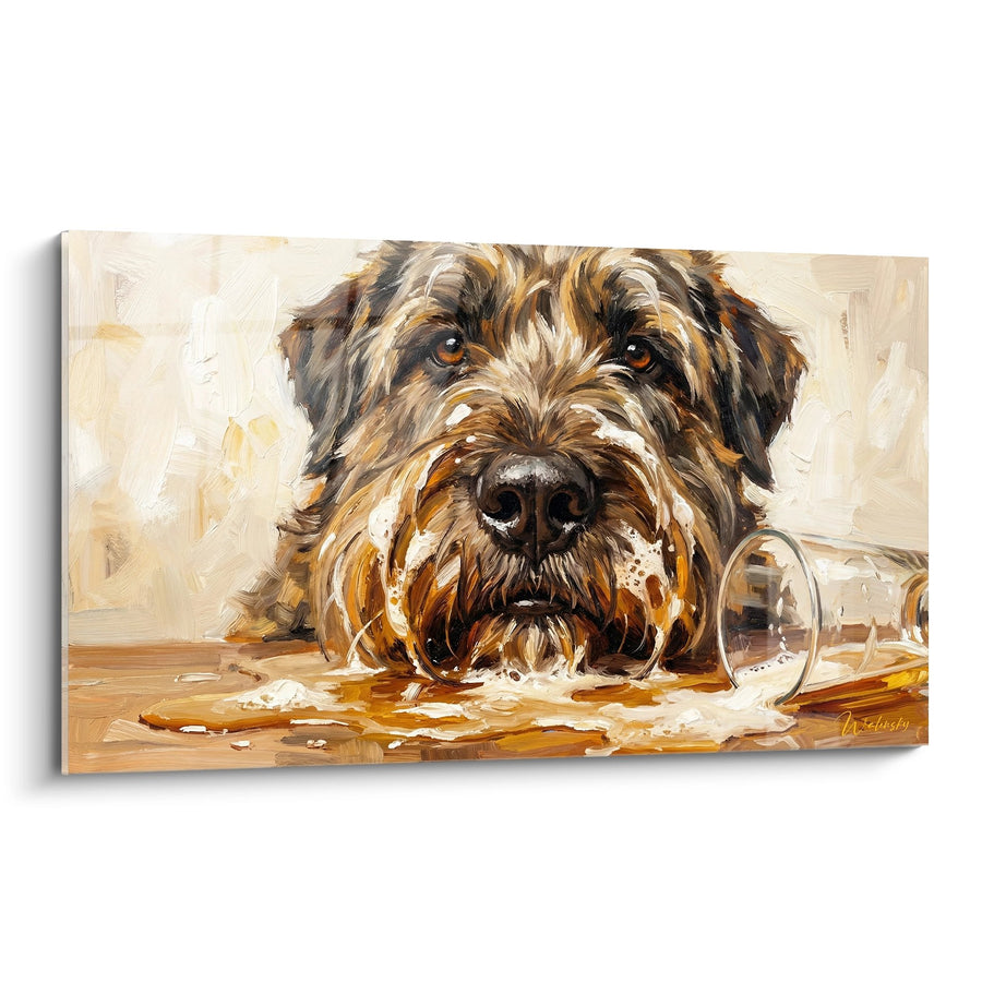 Tableau Chien aux Yeux Ambrés avec Verre Renversé - Regard Coquin - Edition Bouvier des Flandres