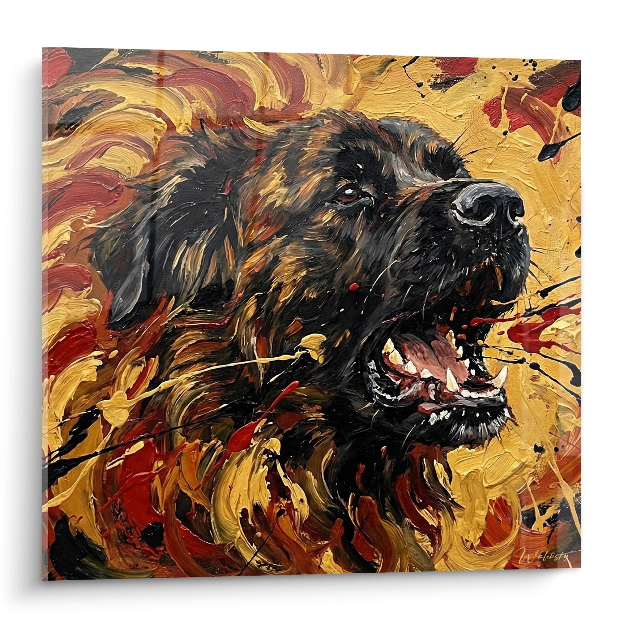 Tableau expressionniste Bouvier des Flandres aux tons dorés et cuivrés, gueule ouverte, peinture énergique