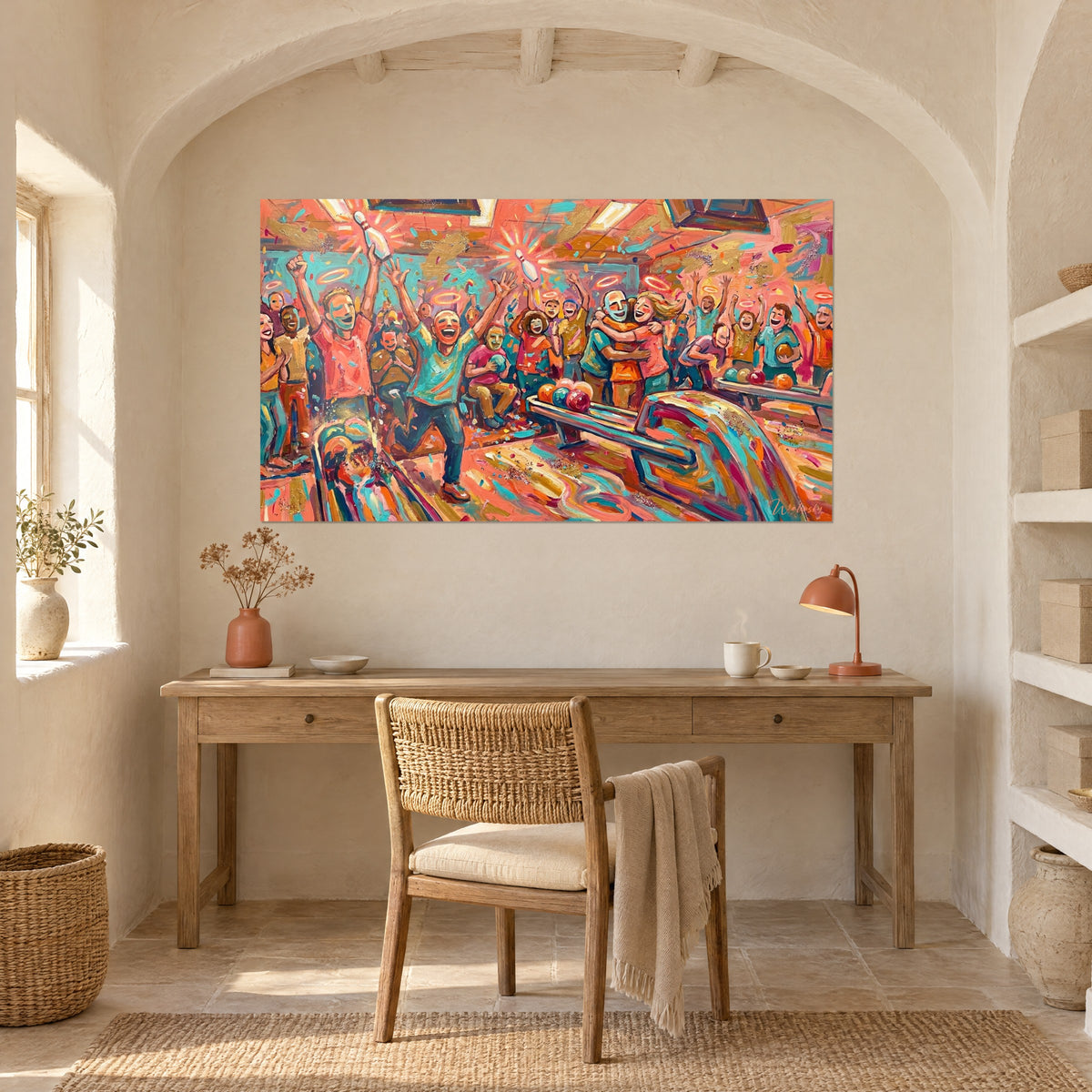 Quadro pista da bowling e palle colorate, pennellate spesse in rosa corallo e oro, appeso sopra una scrivania in legno chiaro