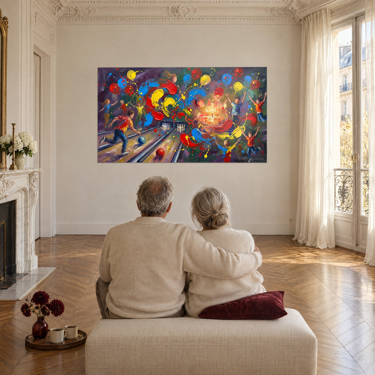 Cuadro escena festiva de bolos con globos rojos, amarillos y azules, fondo morado profundo, frente a una pareja sentada en un salón de estilo haussmanniano