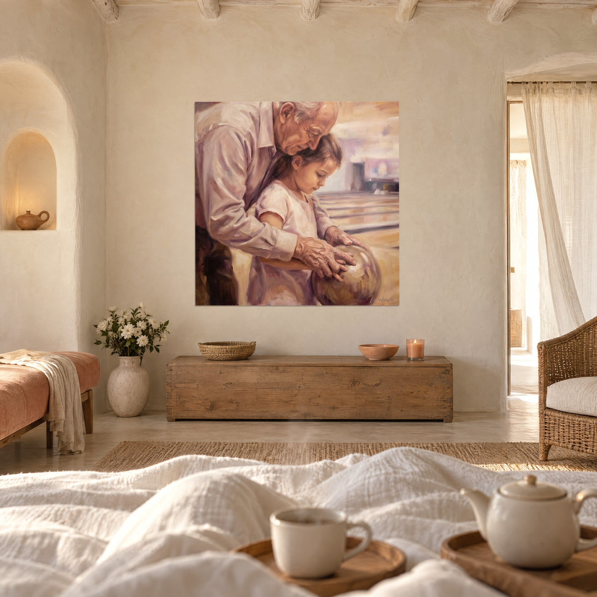 Tableau mains ridées sur une boule de bowling dorée, lumière rose et ocre, au-dessus d'un lit dans une chambre claire