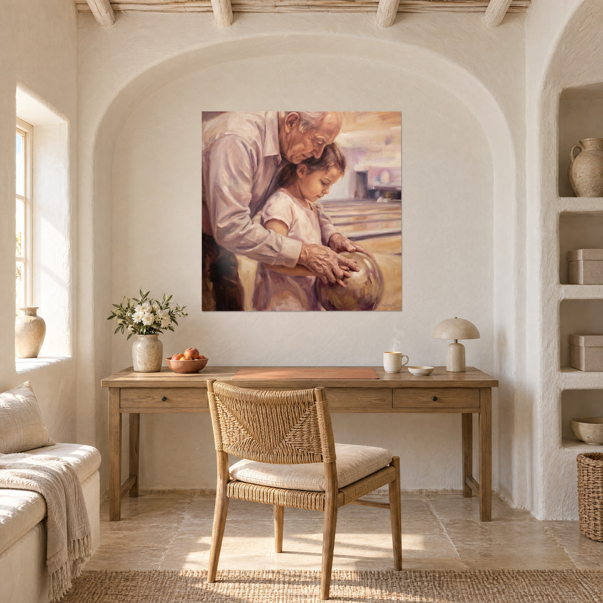 Tableau enfant aux cheveux bruns et grand-père souriant, pistes de bowling floues beige et rose, bureau en bois, arche blanche