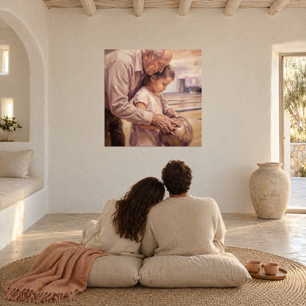 Tableau scène de transmission au bowling, vieil homme et fillette en huile ocre et mauve, salon baigné de soleil, couple de dos