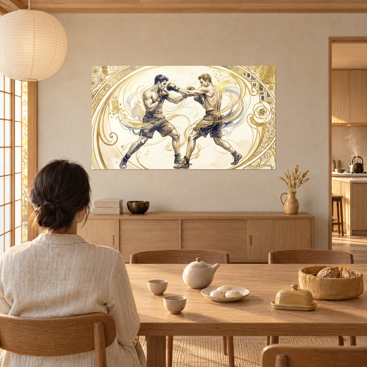 Quadro di uno scambio di colpi tra due atleti, acquerello ocra, indaco e arabeschi dorati, di fronte a un tavolo da pranzo