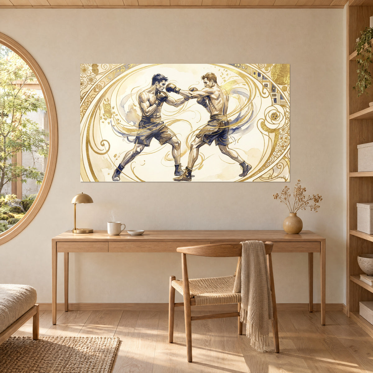 Quadro di un confronto tra due pugili a torso nudo, ornamenti floreali dorati e tocchi blu notte su crema, sopra una scrivania in legno