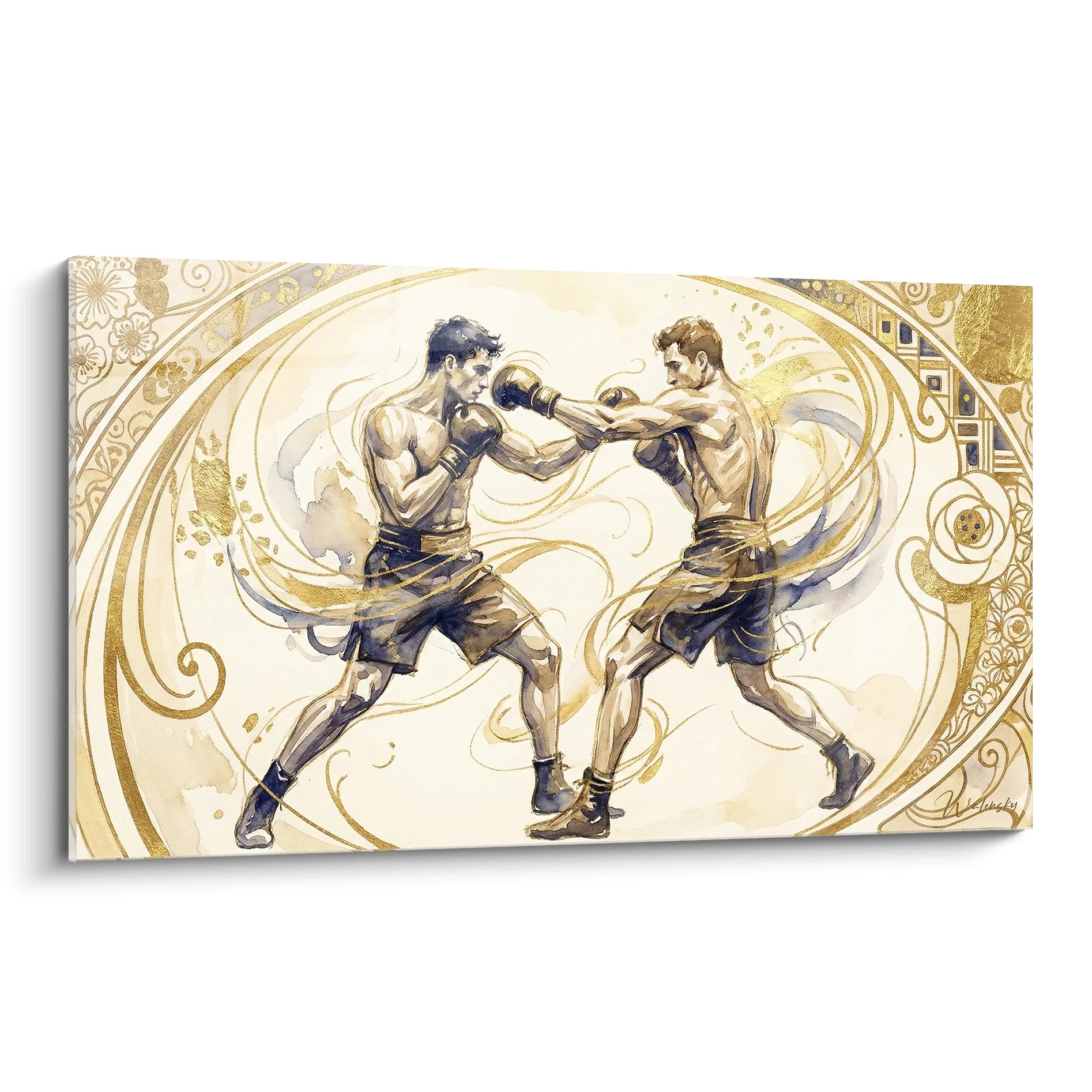 Tableau boxe Art Nouveau représentant deux boxeurs en combat avec ornements dorés et style vintage élégant