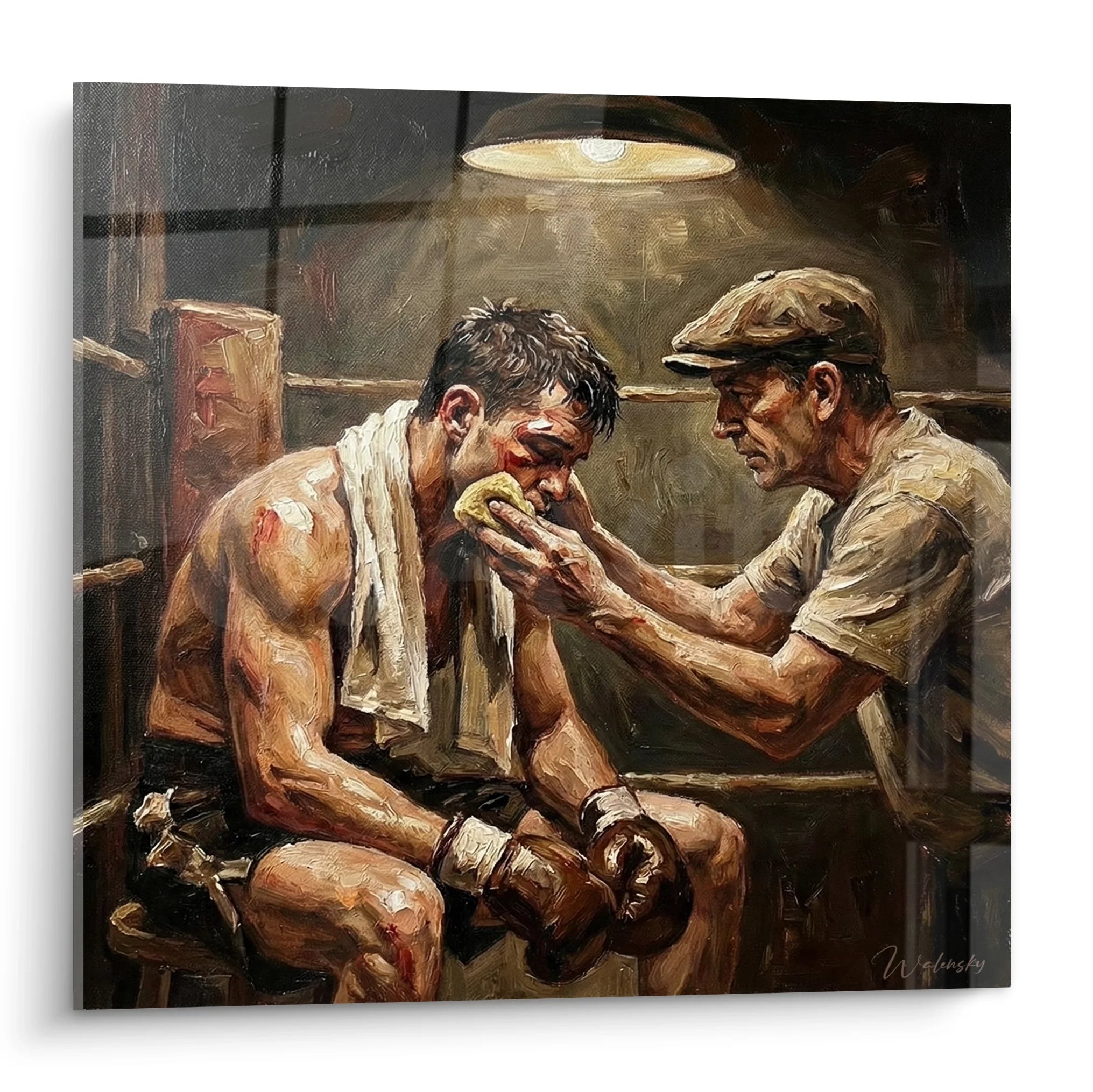 Tableau boxe représentant un boxeur blessé soigné par son entraîneur dans vestiaire sombre