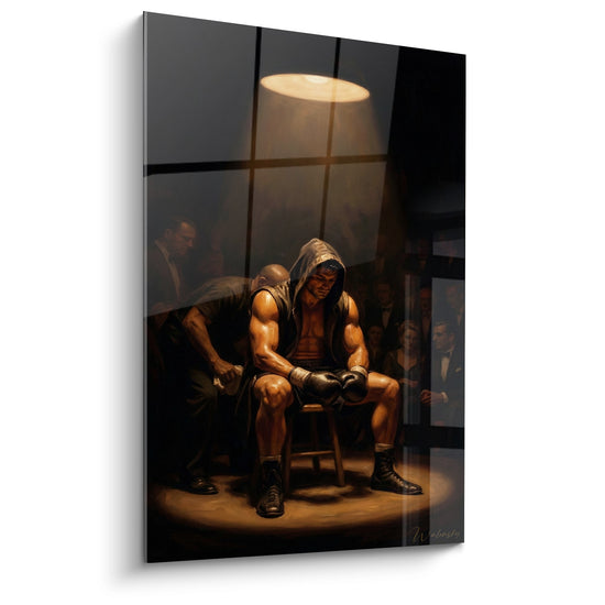 Tableau Boxeur encapuchonné brun et noir sur tabouret - Suspension de lampe circulaire - Edition Boxe
