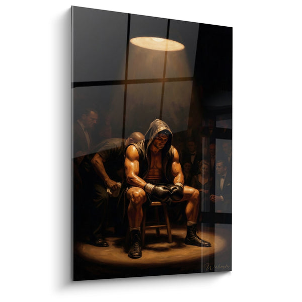 Tableau Boxeur encapuchonné brun et noir sur tabouret - Suspension de lampe circulaire - Edition Boxe
