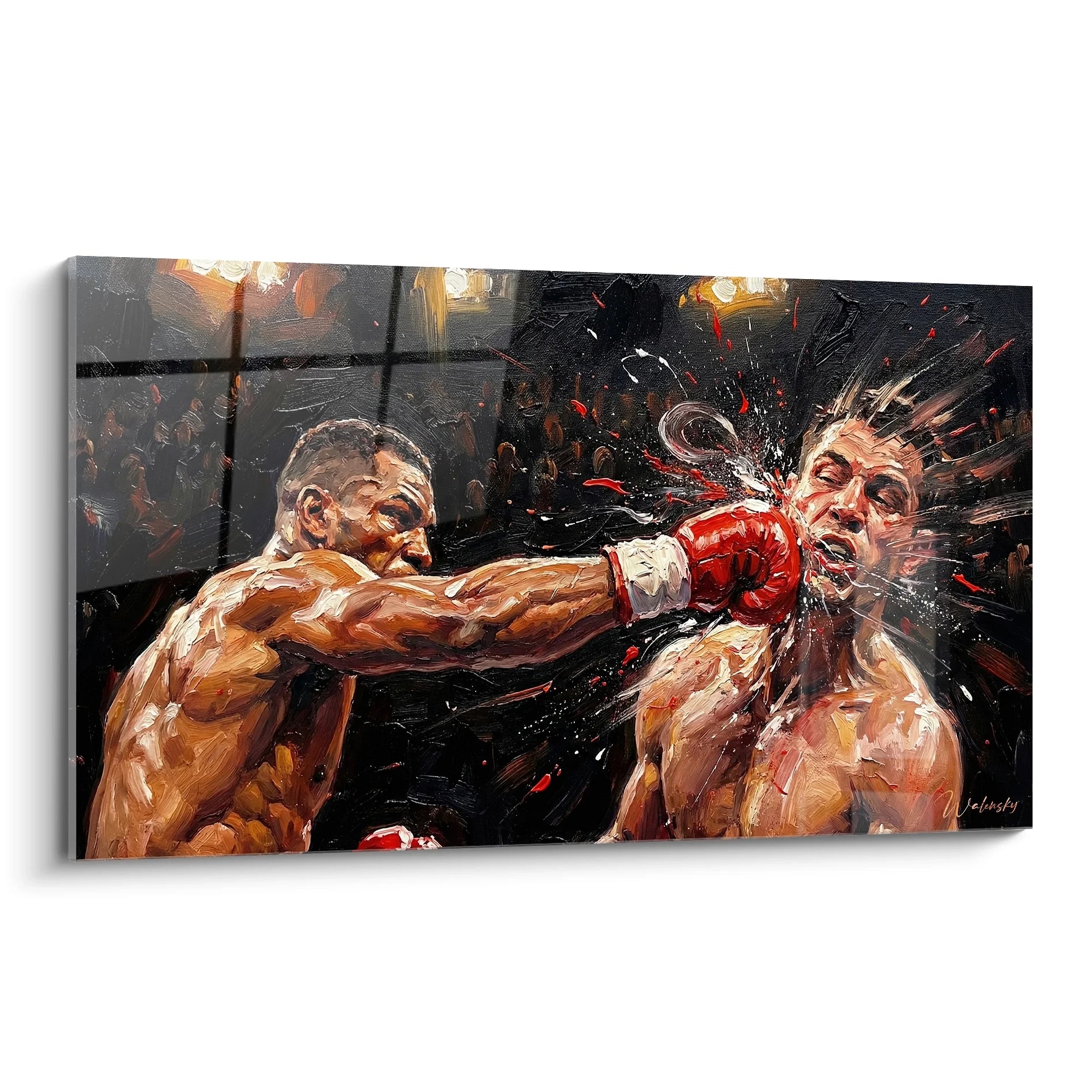 Tableau boxe combat explosif montrant uppercut puissant entre deux boxeurs - art mural sport moderne