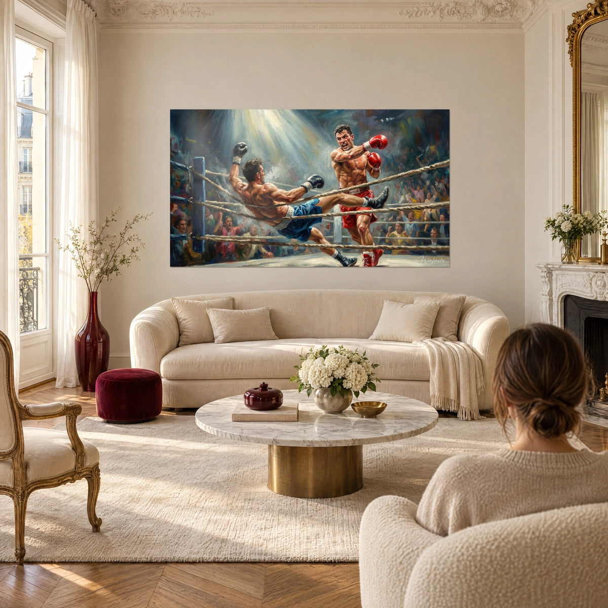 Tableau boxeur en short rouge frappant son adversaire bleu à terre, jet de lumière blanche, au-dessus d'un canapé dans un salon lumineux