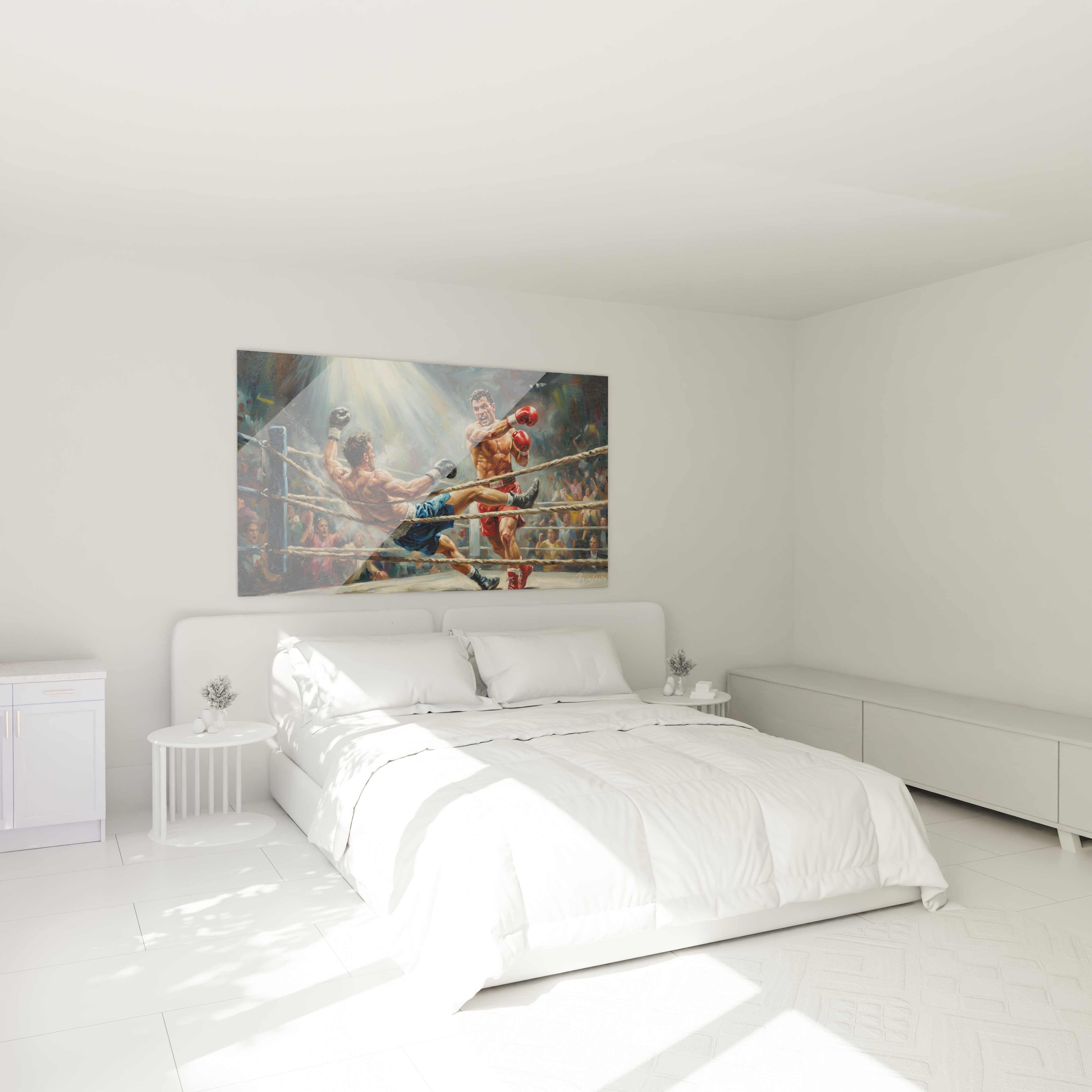 Combat de boxe rouge et bleu peint avec intensité, accroché au-dessus d'un lit dans une chambre claire