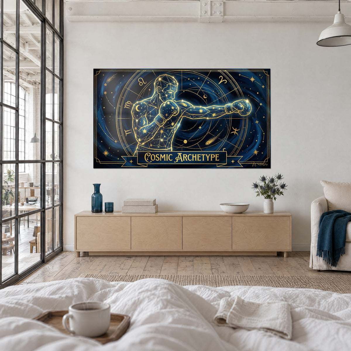 Schilderij van gesterrde atleet, gouden handschoenen en nachtblauwe lucht, tegenover twee personen van achteren gezien, boven een bed in een lichte slaapkamer