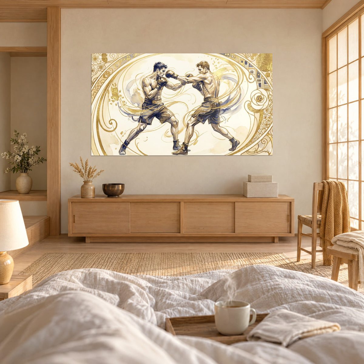 Quadro di pugili in guardia piena, dorature Art Nouveau su fondo crema e blu notte, sopra un letto in una camera luminosa